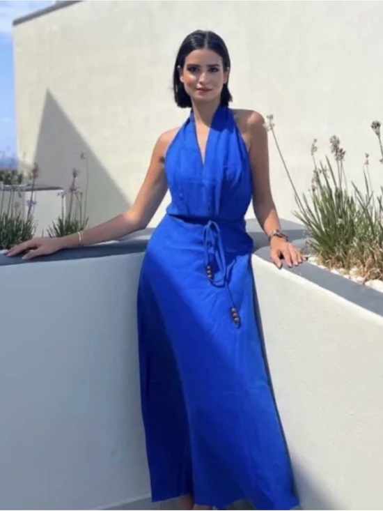 Zara Dresses & Skirts - Zara Blue Halter Maxi Dress with Tie Waist